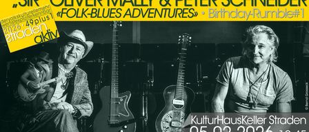 Ein Schwarz-Weiß-Foto von Oliver Mally und Peter Sch, beide halten Gitarren, mit einem gelben Banner, das 'Folk-Blues Adventures Birthday' steht. Das Datum 05.02.20 ist angezeigt.