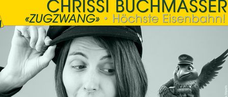 Ein Schwarz-Weiß-Foto einer Frau mit kurzen Haaren, die einen schwarzen Hut trägt. Sie lächelt und schaut direkt in die Kamera. Der Text 'Chrissi Buchm Zugzwang Höchste Eis' ist in Fettschrift geschrieben. Das Bild ist vor einem schlichten Hintergrund.