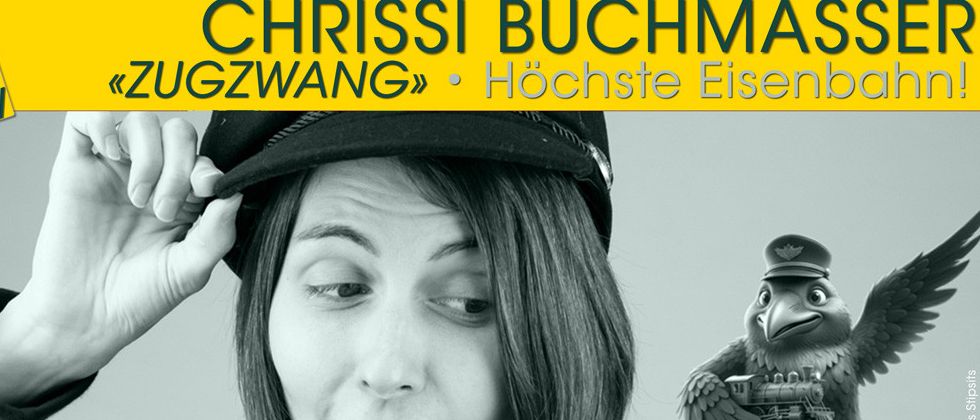 Ein Schwarz-Weiß-Foto einer Frau mit kurzen Haaren, die einen schwarzen Hut trägt. Sie lächelt und schaut direkt in die Kamera. Der Text 'Chrissi Buchm Zugzwang Höchste Eis' ist in Fettschrift geschrieben. Das Bild ist vor einem schlichten Hintergrund.