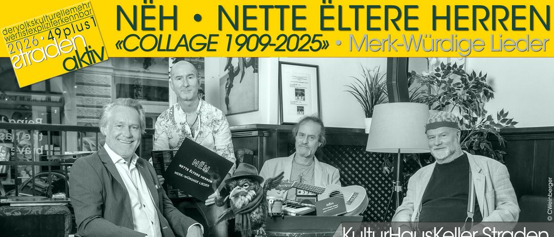 Vier Männer sitzen in einem Raum mit Musikinstrumenten, einem Papagei und einer Lampe. Der Text in der oberen linken Ecke lautet 'NEH NETTE ELTEERE H COLLAGE 1909-2025'. Das Datum '09.04.20' steht unten rechts.