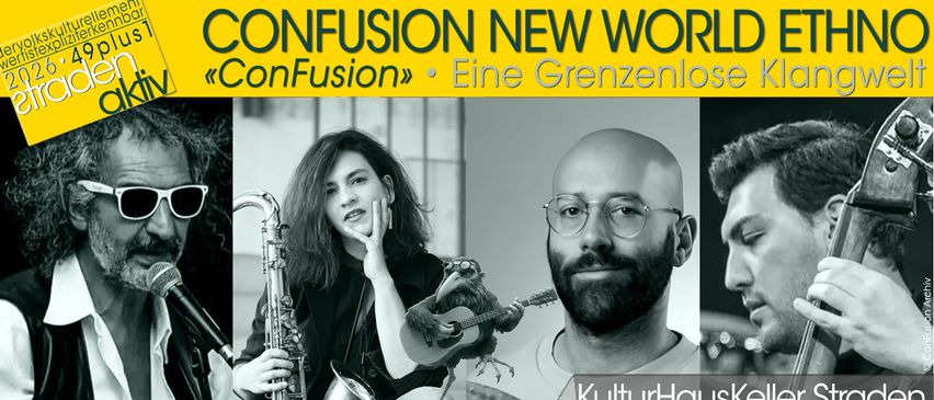 Ein Schwarz-Weiß-Bild zeigt Musiker in verschiedenen Posen. Eine Frau spielt Saxophon, während ein Mann eine Gitarre hält und neben ihr sitzt. Ein weiterer Mann mit Brille und einem spielenden Affen ist ebenfalls zu sehen. Das Bild hat einen gelben Rand und Text.