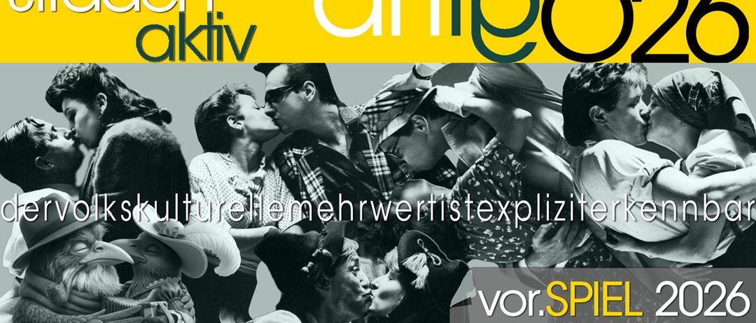 Eine Schwarz-Weiß-Collage von küssenden Menschen, mit den Worten 'kulturellemehrwertistexplizite' und 'vor.SPIE' in gelbem und weißem Text.