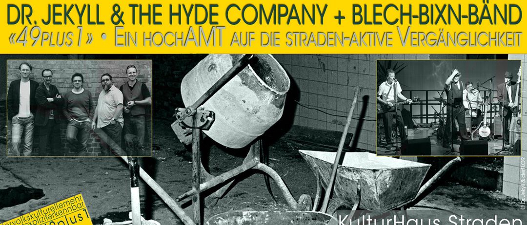 Ein Schwarz-Weiß-Foto einer Baustelle mit Werkzeugen und einer auftretenden Band. Die Band heißt L & The Hyde Company + Blech-B. Das Foto ist vom 03.09.20.