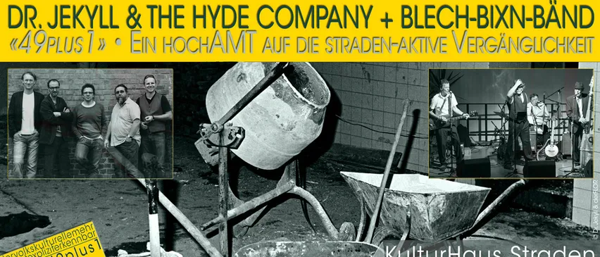 Ein Schwarz-Weiß-Foto einer Baustelle mit Werkzeugen und einer auftretenden Band. Die Band heißt L & The Hyde Company + Blech-B. Das Foto ist vom 03.09.20.
