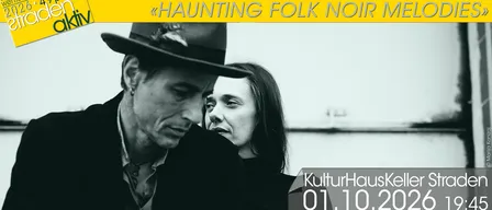 Ein Schwarz-Weiß-Foto von einem Mann und einer Frau, beide sehen ernst aus, mit dem Text 'Sohn des Velv' und 'Haunting Folk Noir Music' darüber.