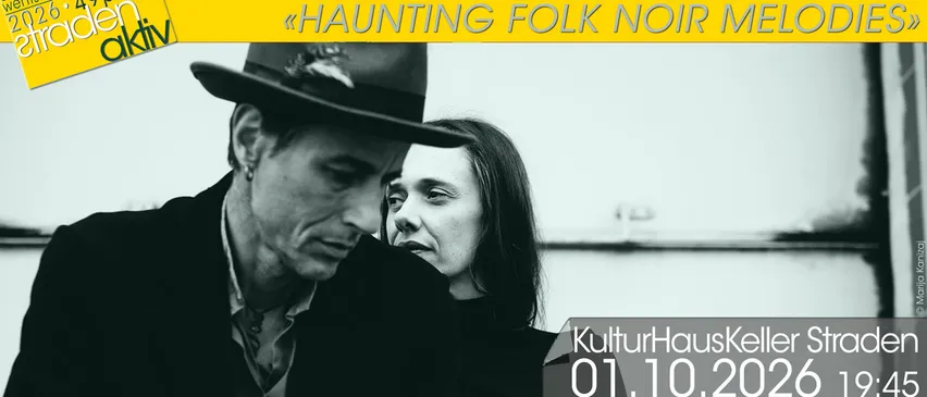 Ein Schwarz-Weiß-Foto von einem Mann und einer Frau, beide sehen ernst aus, mit dem Text 'Sohn des Velv' und 'Haunting Folk Noir Music' darüber.