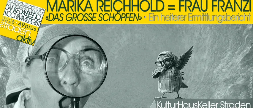 Eine Person mit einer Lupe betrachtet eine Figur einer geflügelten Eule. Das Bild hat einen gelben Banner mit Text oben. Das Event ist im KulturHausK am 22.10.20.