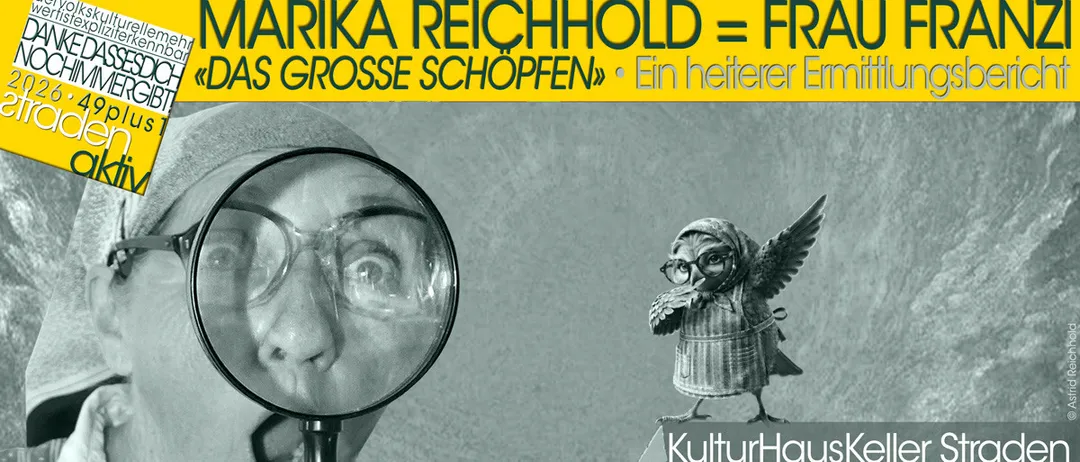 Eine Person mit einer Lupe betrachtet eine Figur einer geflügelten Eule. Das Bild hat einen gelben Banner mit Text oben. Das Event ist im KulturHausK am 22.10.20.