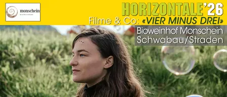 Eine Frau mit braunen Haaren steht in einem Grasfeld und schaut nach links. Hinter ihr schweben Seifenblasen in der Luft. Das Bild hat einen Wasserzeichen in der oberen linken Ecke mit dem Text 'monschein' und einem Logo.