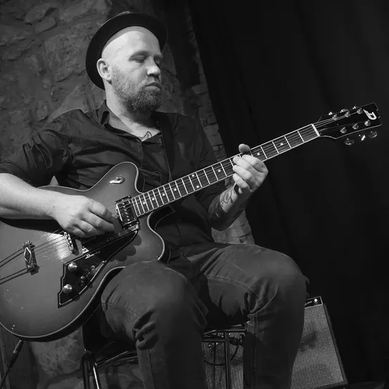 Guitar, Musical Instrument, Guitarist, Musician, Performer, Person, Adult, Male, Man, Hat