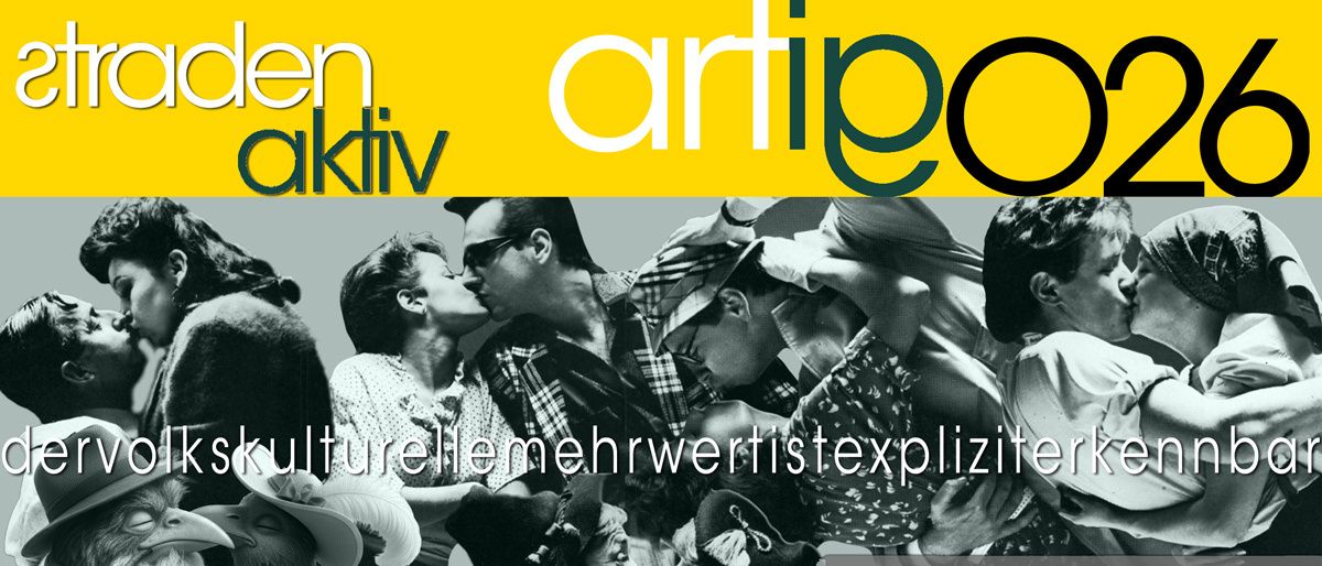 Ein Poster mit verschiedenen küssenden Personen, mit einem gelben und schwarzen Farbverlauf im Hintergrund und den Worten 'Artigo Aktiv' in weißer Schrift.