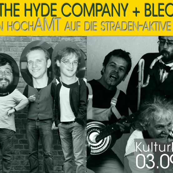 Eine Schwarz-Weiß-Fotocollage einer Band mit dem Text 'The Hyde Company + Bleon Hochamt auf die Straden-aktive' darüber. Die Bandmitglieder stehen vor einer Ziegelwand und einer spielt Trompete.