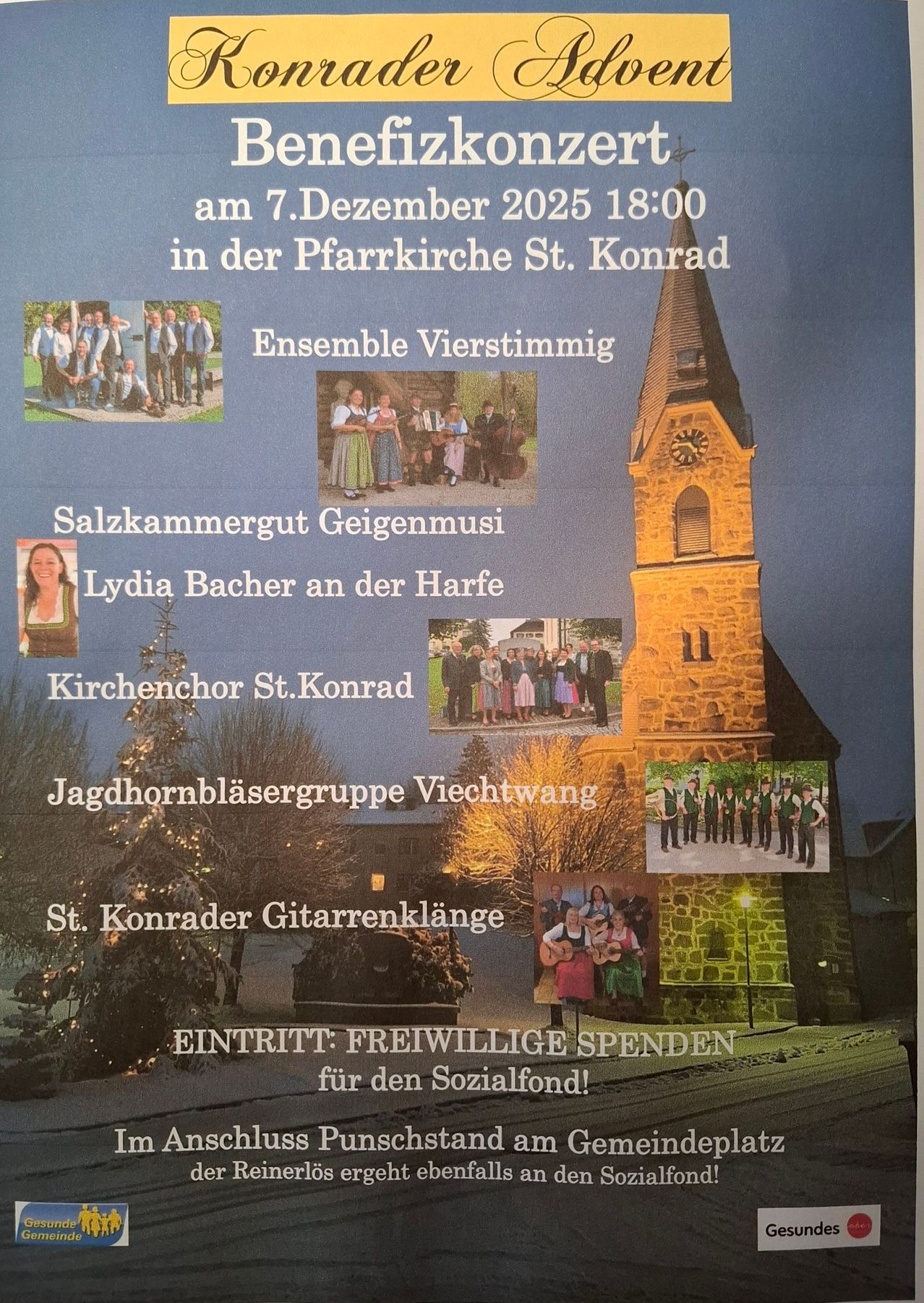 Plakat für eine musikalische Veranstaltung am 7. Dezember 2025 um 18 Uhr in der Pfarrkirche St. Konrad. Präsentiert vier Gruppen: Vierstimmig Ensemble, Salzkammergut Geigenmusi, Lydia Bacher an der Harfe und Kirchenchor St. Konrad. Der Eintritt ist freiwillig für den Sozialfonds.