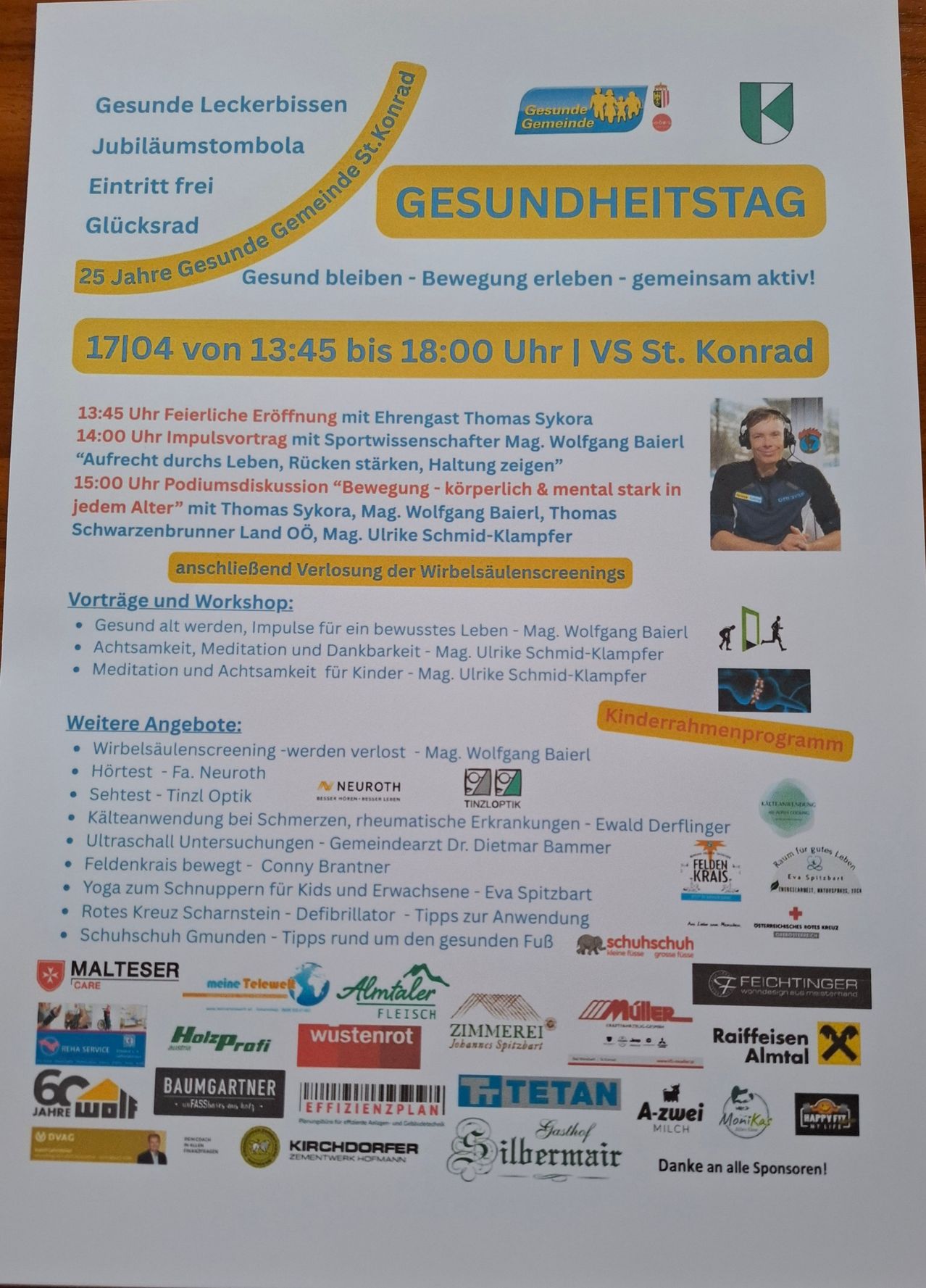 Poster for Gesundheitstag in Glucksrad. It features a sports talk by Thomas Sykora at 14:00. Talks and workshops include health talks and meditation. Other activities include screening and wellness treatments. The event is on April 17 from 13:45 to 18:00.