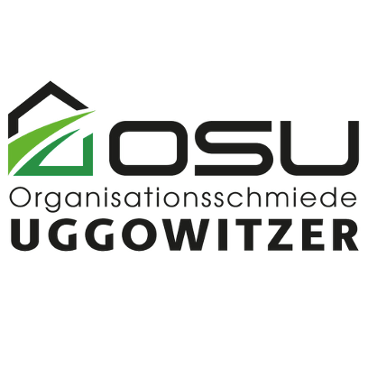 OSU-Logo mit Haus-Symbol, 'OSU' in Fettdruck und 'Organisationsschmiede UGO WITZER' darunter. Das Haus-Symbol ist grün mit weißer Umrandung, der Text schwarz.