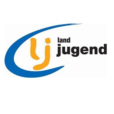 Das Bild zeigt ein Logo für 'land jugend'. Das Logo besteht aus blauen und gelben Farben. Das Wort 'land' ist blau und 'jugend' gelb geschrieben. Die Buchstaben sind stilisiert und wirken dynamisch.