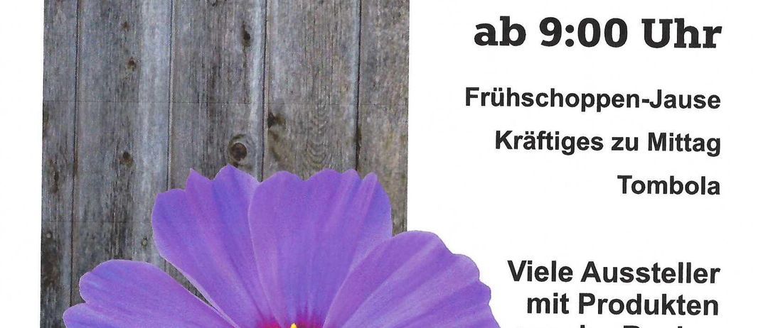 Ein Plakat für einen Bauernmarkt am Brundlbad-Parkplatz am 4. Oktober 2025 ab 9:00 Uhr. Es zeigt eine lila Blume und einen hölzernen Hintergrund.