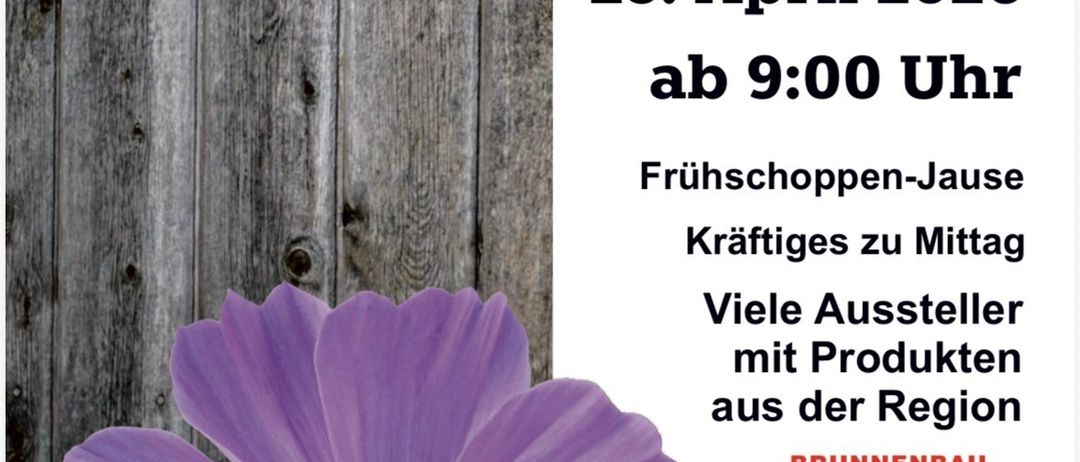 Werbung für einen Bauernmarkt am Brunnbad-Parkplatz. Die Veranstaltung findet am 25. April 2026 ab 9:00 Uhr statt. Es gibt Frühstücksangebote, starke Getränke zum Mittag und viele Aussteller mit regionalen Produkten. Logos von Brunnbad, Frank und Kuszstrich sind vorhanden.