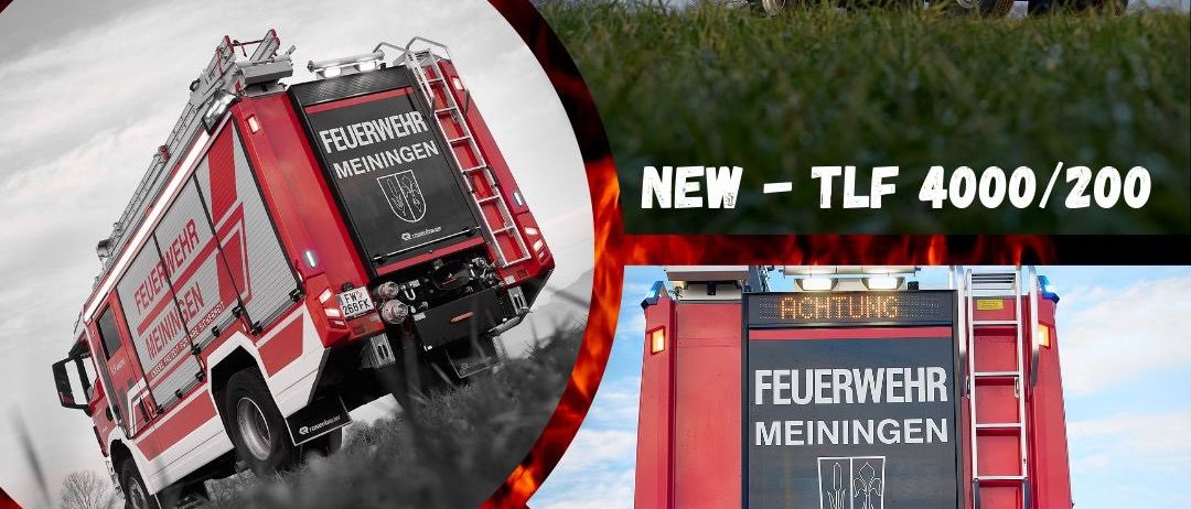 Sammlung von Bildern verschiedener Feuerwehrfahrzeuge aus Meiningen, Deutschland. Die Bilder zeigen Seitenansicht, Rückansicht und Frontansicht der Fahrzeuge.