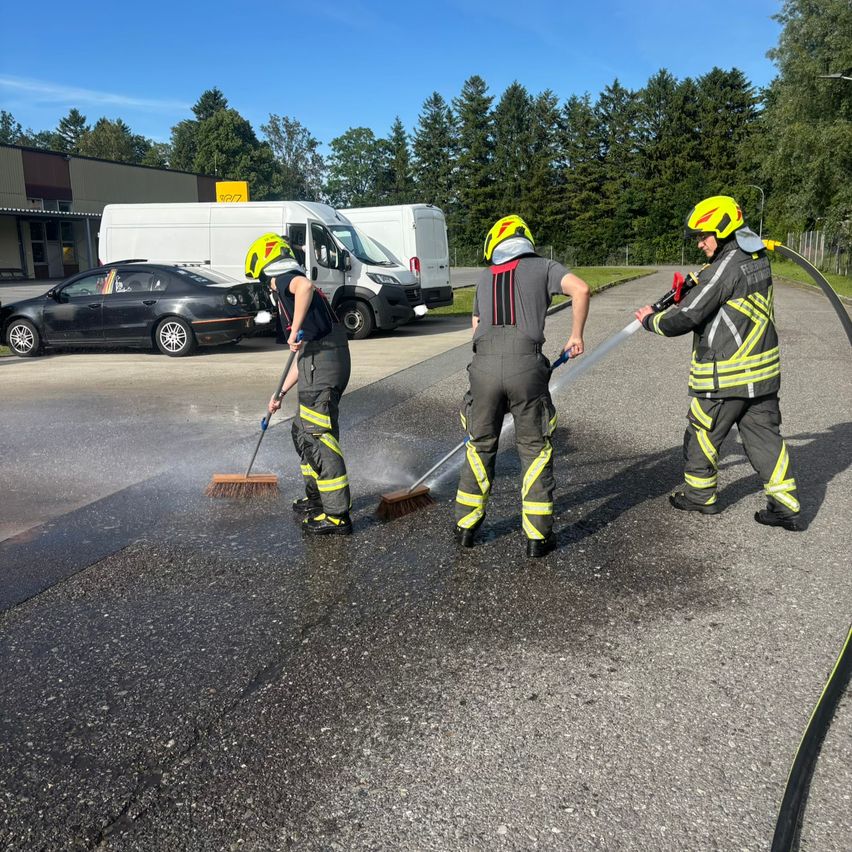 Three firefighters are cleaning the road with a hose and a brush on a sunny day. Trees and parked cars are in the background.