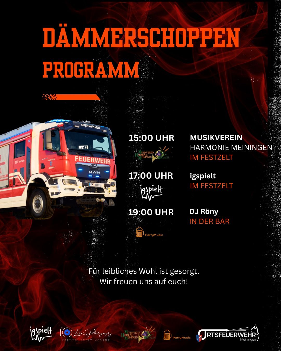 Dammerschuppen Programm mit einem roten Feuerwehrauto vorne. Zeiten: 15:00 Uhr Musikverein Harmonie Meiningen. 17:00 Uhr Igspielt im Festzelt. 19:00 Uhr DJ Rony in der Bar.