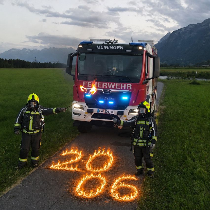 Zwei Feuerwehrleute in voller Ausrüstung entzünden die Zahl 206 in Flammen auf der Straße. Ein Feuerwehrwagen mit eingeschalteten Lichtern ist im Hintergrund zu sehen.