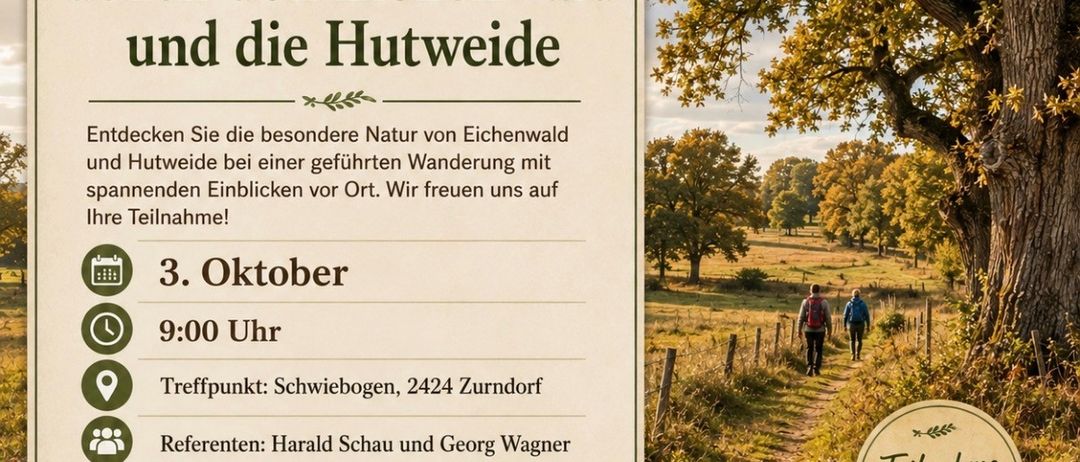 Plakat für eine geführte Wanderung durch Eichenwald und Hutweide am 3. Oktober um 9:00 Uhr. Treffpunkt ist Schwiebogen, 2424 Zurndorf. Kontakt: Harald Schau und Georg Wagner. Anmeldung erforderlich.