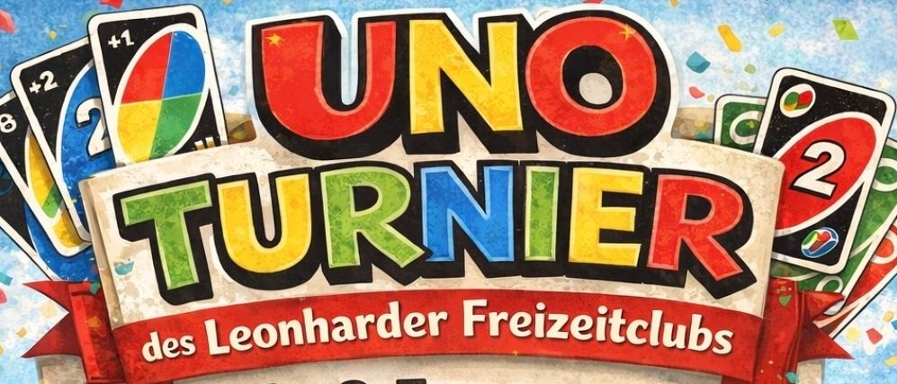 Plakat für UNO Turner, ein Spielevent für alle Altersgruppen, ohne Altersbeschränkung. Beinhaltet bunte Karten und eine festliche Atmosphäre.