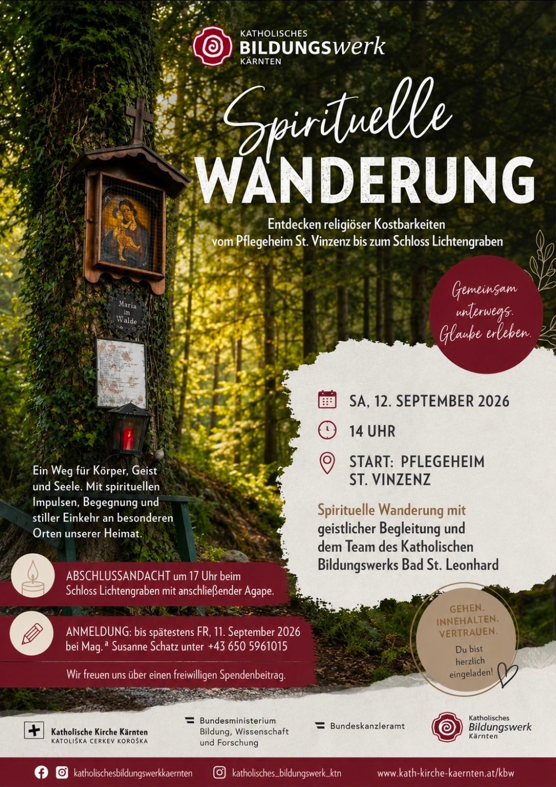 Plakat für eine spirituelle Wanderung vom Pflegeheim St. Vinzenz zum Schloss Lichtengraben am 12. September 2026, Beginn um 14 Uhr. Es zeigt einen religiösen Schrein, eine Kerze und einen Baum mit einem Schild. Die Veranstaltung verspricht einen Weg für Körper, Geist und Seele mit spirituellen Impulsen und Begegnungen an besonderen Orten.