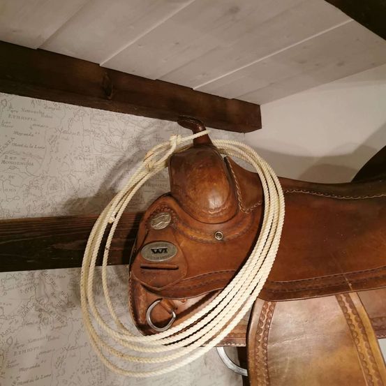 Ein brauner Ledersattel mit einem weißen Seil, das an einer Holzwand hängt. Die Wand hat ein Kartendesign.