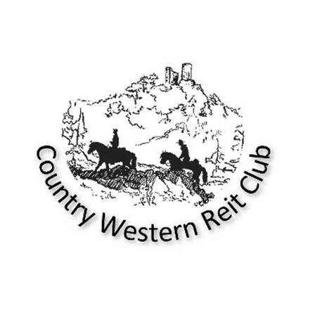 Das Logo des Country Western Reit Clubs zeigt zwei Reiter in Silhouette auf Pferden in einer malerischen ländlichen Umgebung.
