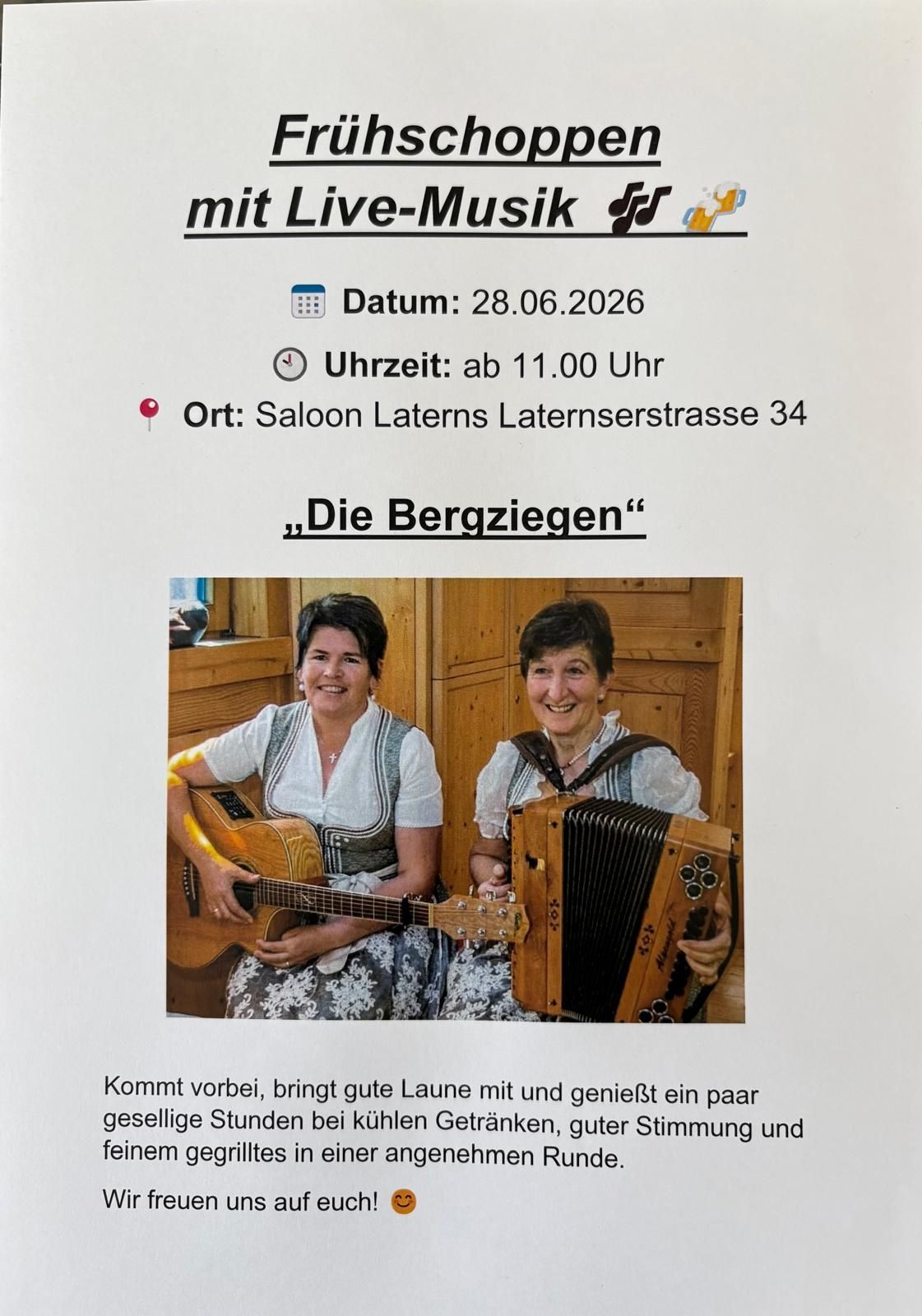 Plakat mit Veranstaltungsdetails für 'Die Bergziegen' am 28.06.2026 um 11:00 Uhr. Ort: Saloon Laterns, Laternserstrasse 34. Zwei Frauen sind abgebildet, die Gitarre und Akkordeon spielen.