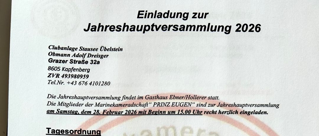 Dokument der 'PRINZ EUGEN' Marinekameradschaft. Es plant eine Jahreshauptversammlung am 28. Februar 2026 um 15:00 Uhr. Die Tagesordnung umfasst Begrüßung, Berichte, Finanzkontrolle und Mitgliedsbeiträge. Mitglieder werden gebeten, ihre Flaggenanträge bis zum 1. April 2026 einzureichen. Bankdaten für Beiträge sind angegeben.