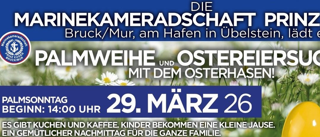 Plakat für eine Osterveranstaltung an einer Marina, mit Blumen und einem gelben Ei, Angaben zum Datum und familienfreundlichen Aktivitäten.