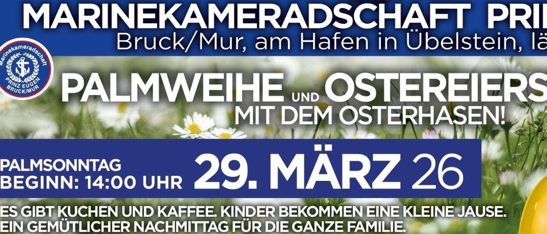 Plakat mit blauem Hintergrund, das Blumen zeigt und einen Ostereier-Suchwettbewerb mit Osterhasen am 29. März 2026 ankündigt. Kaffee wird angeboten und Kinder erhalten eine kleine Überraschung. Es ist ein Tag für die ganze Familie.