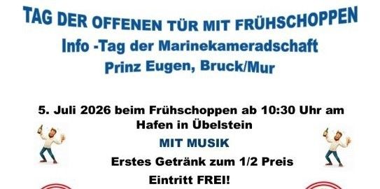 Plakat für den Tag der offenen Tür bei der Marinekameradschaft Prinz Eugen. Veranstaltung am 5. Juli 2026 mit Musik, Beginn um 10:30 Uhr. Erster Drink zum halben Preis, Eintritt frei.