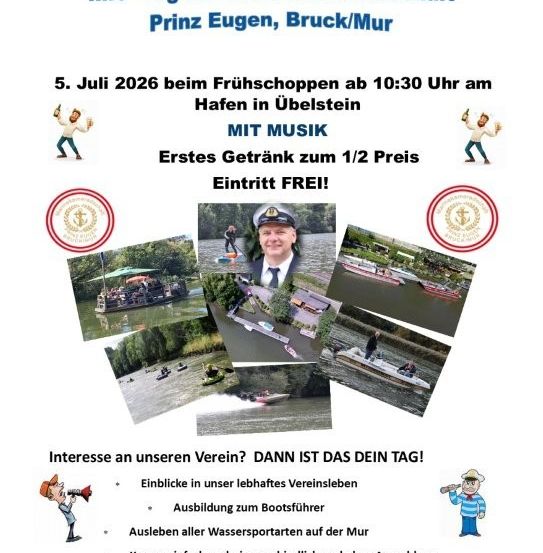 Tag der offenen Tür mit Frühschoppen am Hafen in Ubelstein. 5. Juli 2026 um 10:30 Uhr mit Musik. Erstes Getränk zum halben Preis. Eintritt frei!