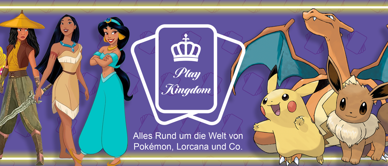Ein Bild mit Prinzessin Jasmine, einem Pikachu und dem Play Kingdom Logo. Es zeigt Pokemon, Lorcana und mehr.