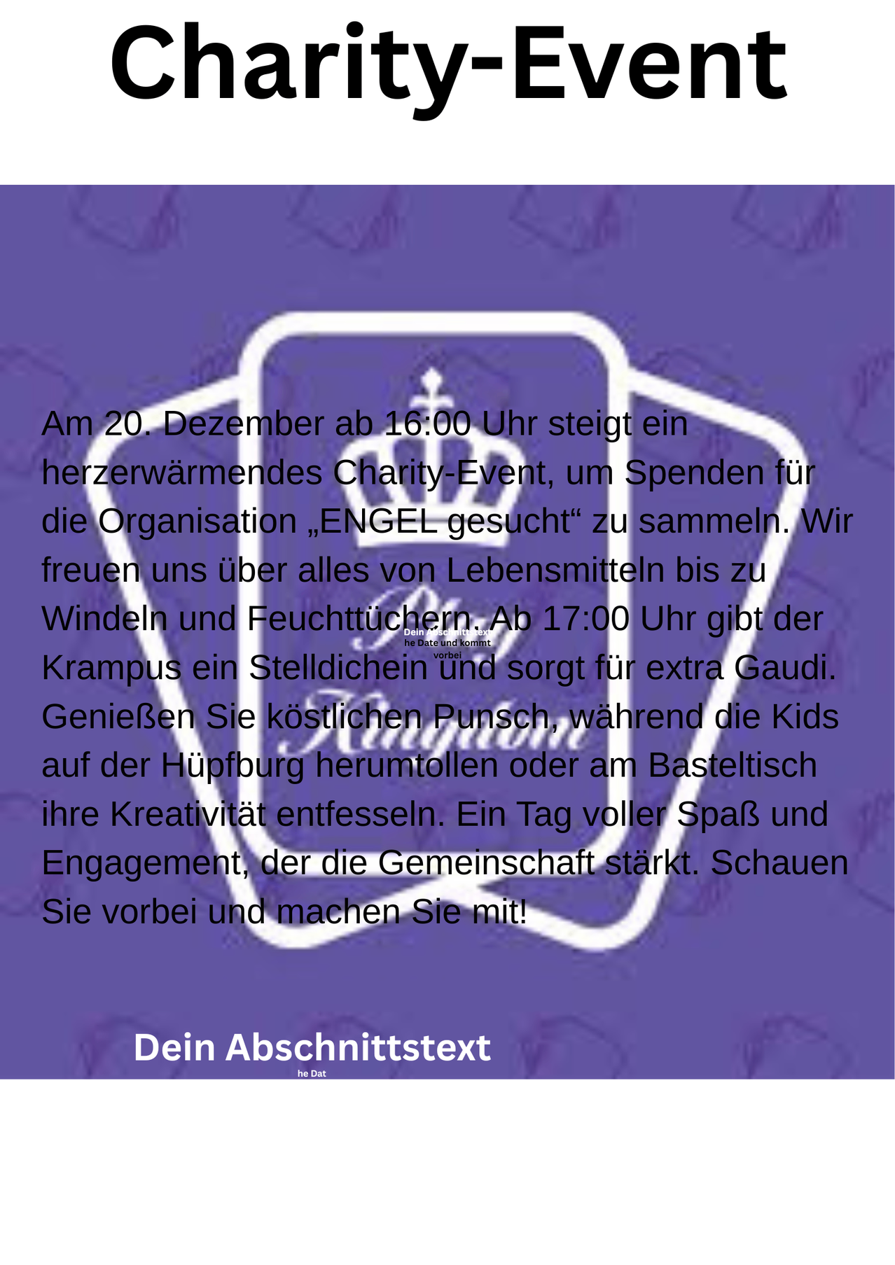 Am 20. Dezember ab 16:00 Uhr steigt ein herzerwärmendes Charity-Event, um Spenden für die Organisation 'ENGEL gesucht' zu sammeln. Wir freuen uns über alles von Lebensmitteln bis zu Decken. Ab 17:00 Uhr gibt der Krampus ein Stelldichein und sorgt für extra Gaudi. Genießen Sie kostenlosen Punsch, während die Kids auf der Hüpfburg herumtollen oder am Basteltisch ihre Kreativität entfesseln. Ein Tag voller Spaß und Engagement, der die Gemeinschaft stärkt. Schauen Sie vorbei und machen Sie mit!