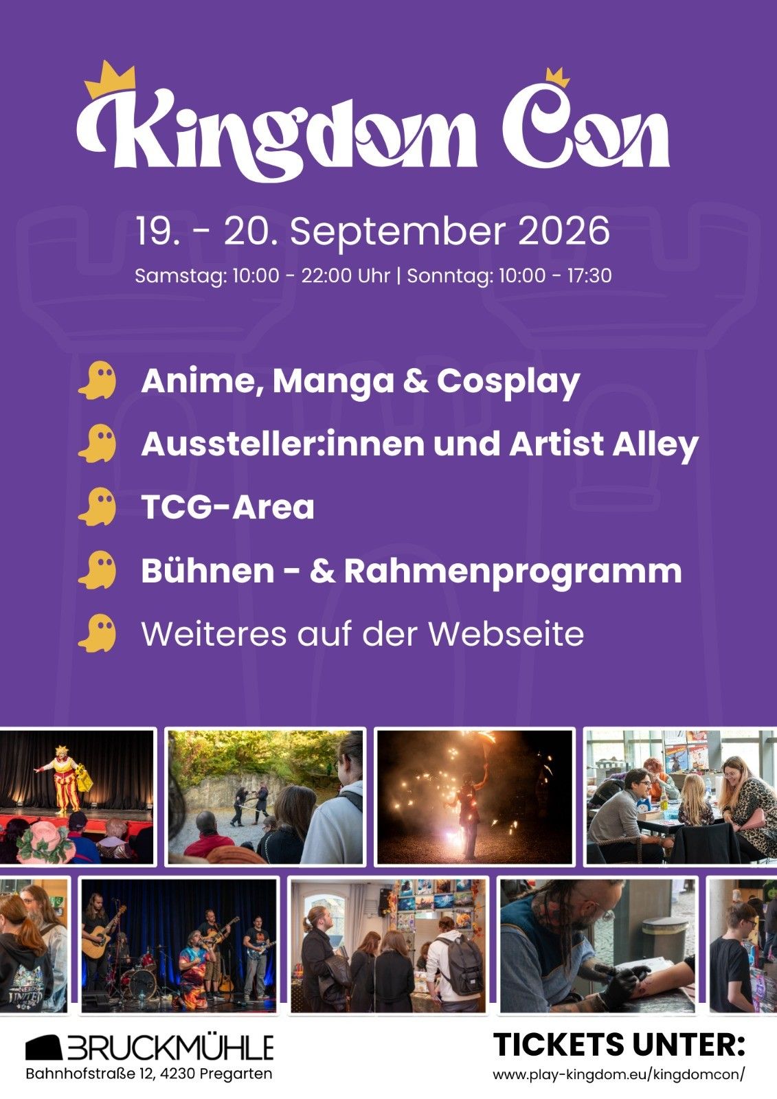 Ein Plakat für eine Veranstaltung am 19. bis 20. September 2026 mit Anime, Manga, Cosplay, Ausstellern, einem Künstler-Gassen, einem TCG-Bereich und einem Bühnenprogramm. Weitere Informationen finden Sie auf der Website.