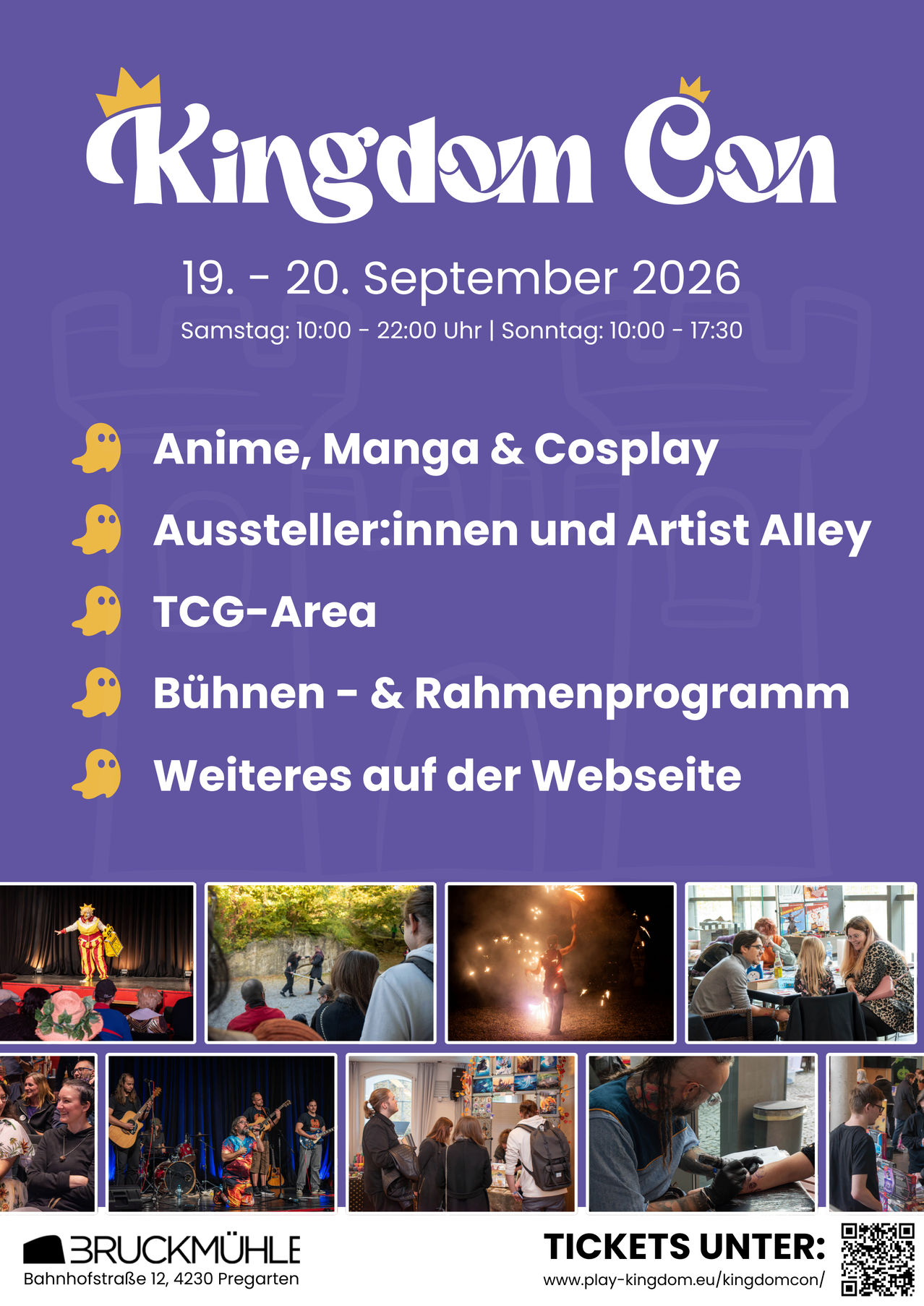 A poster advertising an event with a purple background, featuring a schedule for September 19-20, 2026, and details about anime, manga, cosplay, and a stage program.