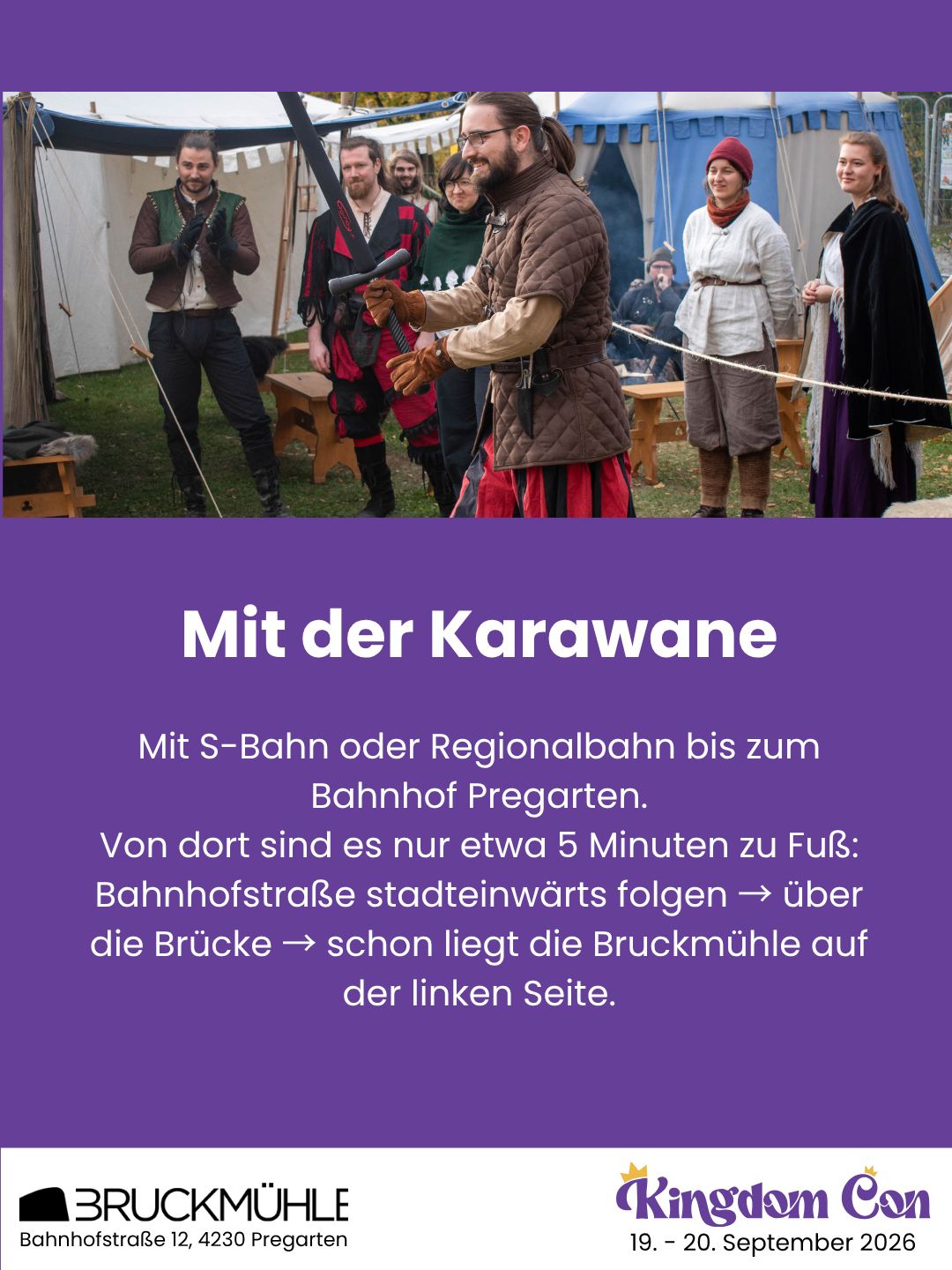 A group of people dressed in medieval costumes are standing in an outdoor setting, possibly at a historical reenactment event. One person is holding a sword, while others are engaged in conversation. Behind them, there is a tent and a wooden bench.