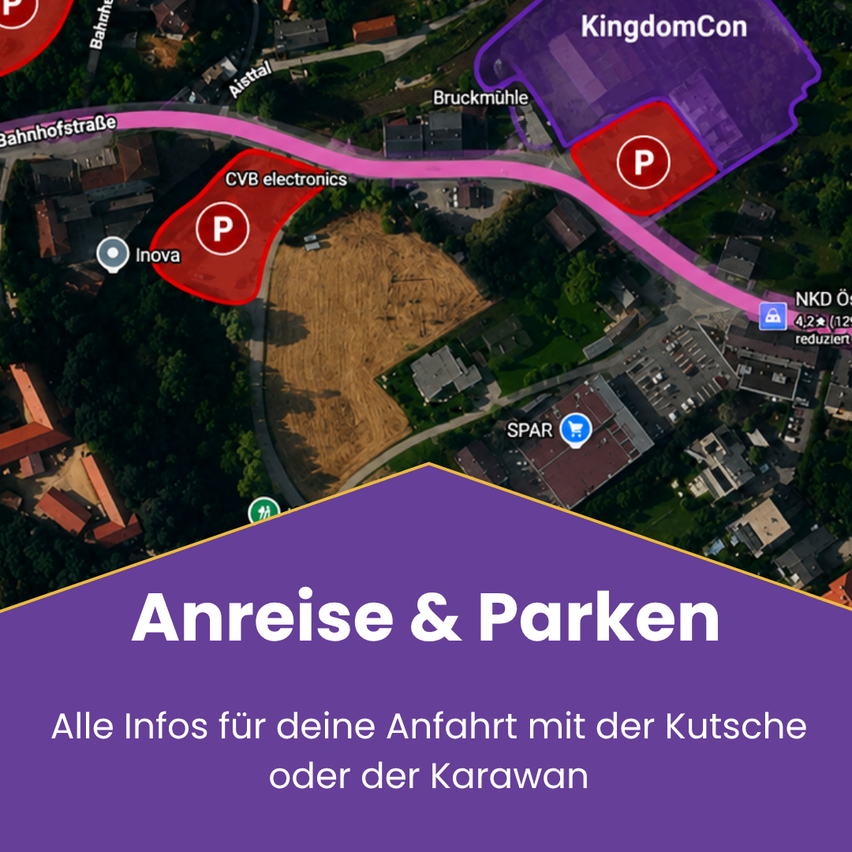 A map showing the location of KingdomCon, with marked parking areas and directions to CVB electronics and Inova.
