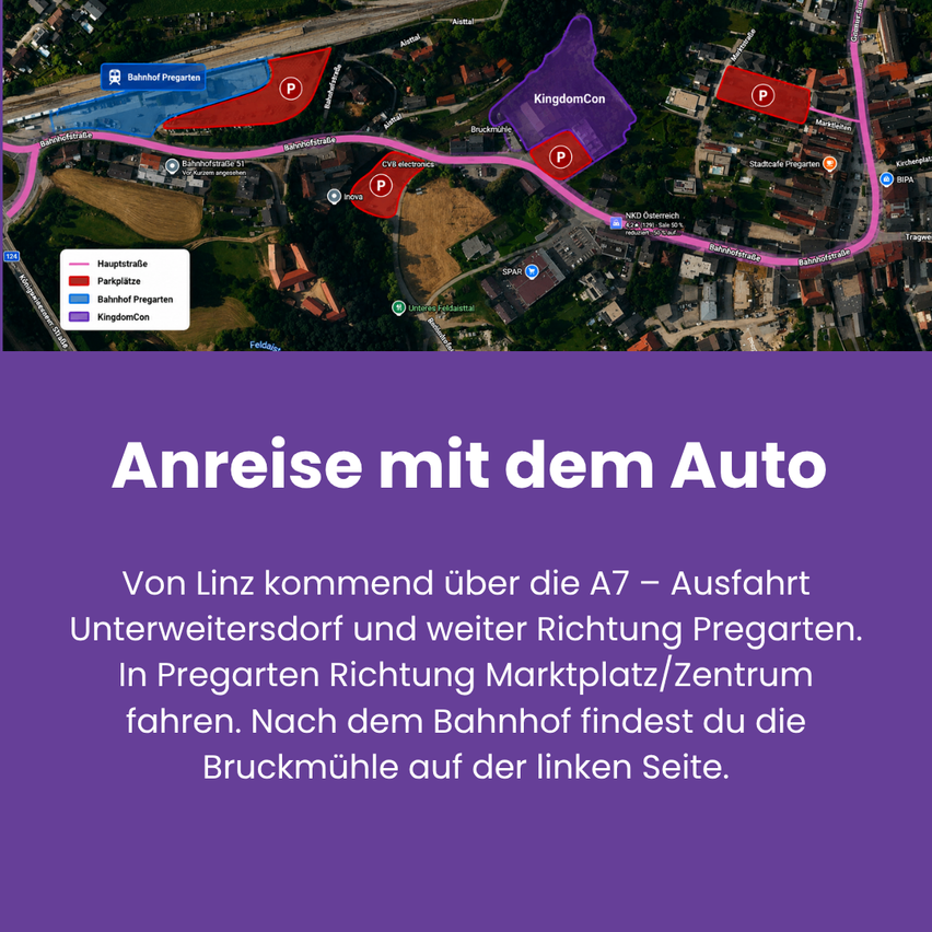 A map showing the route from Linz to Pregarten, Austria, highlighting the A7 highway, parking lots, and key landmarks. The map includes a legend for different parking areas and a text box with directions.