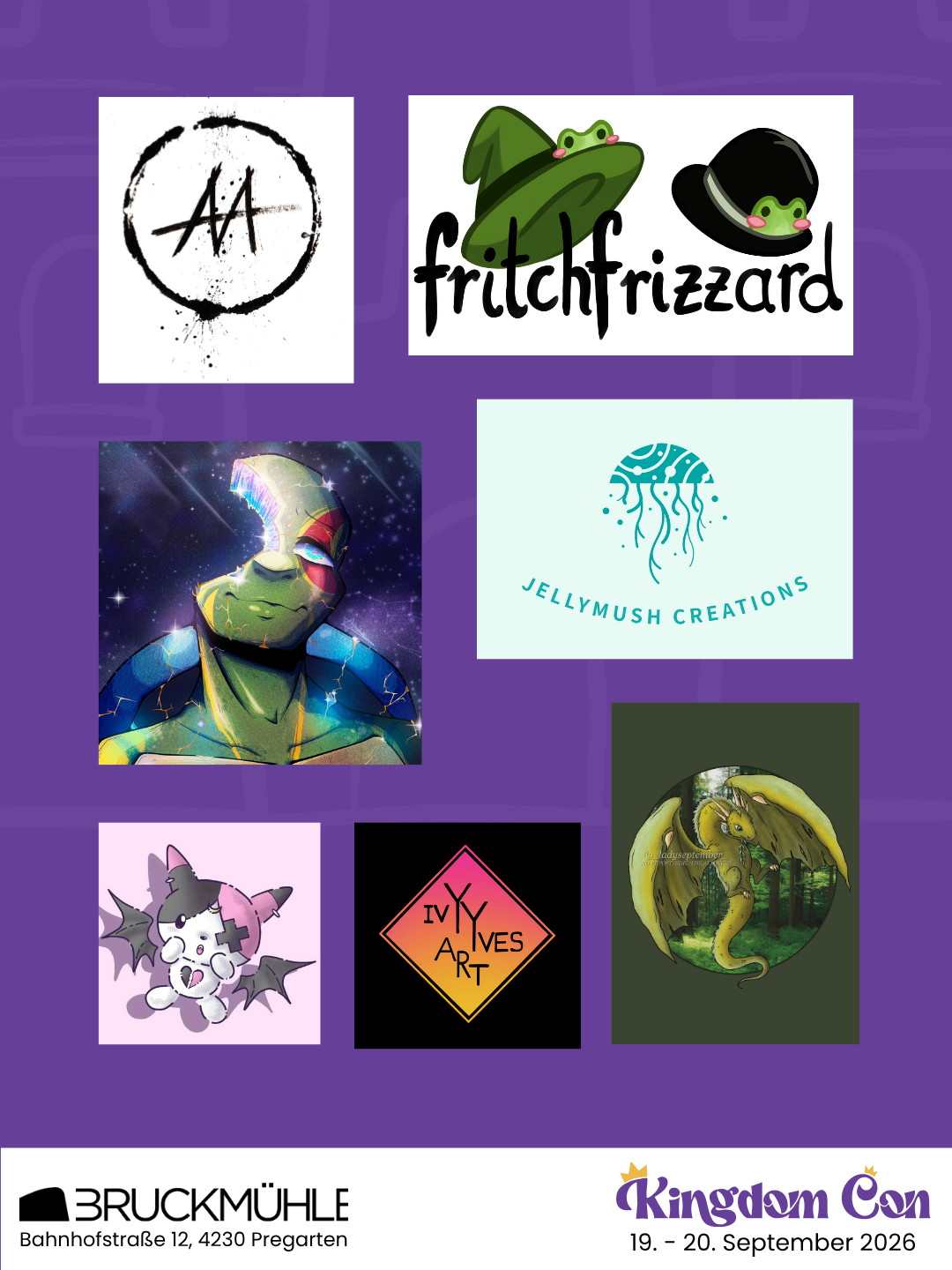 Eine Collage verschiedener künstlerischer Logos und Illustrationen, darunter eine grüne Kreatur, ein Frosch in einem Hut, eine Qualle, eine Katze mit Fledermausflügeln und ein gelber Drache.