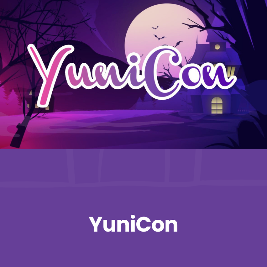 YuniCon-Logo mit einem gruseligen, mondbeschienenen Hintergrund mit einem Spukhaus und Fledermäusen.
