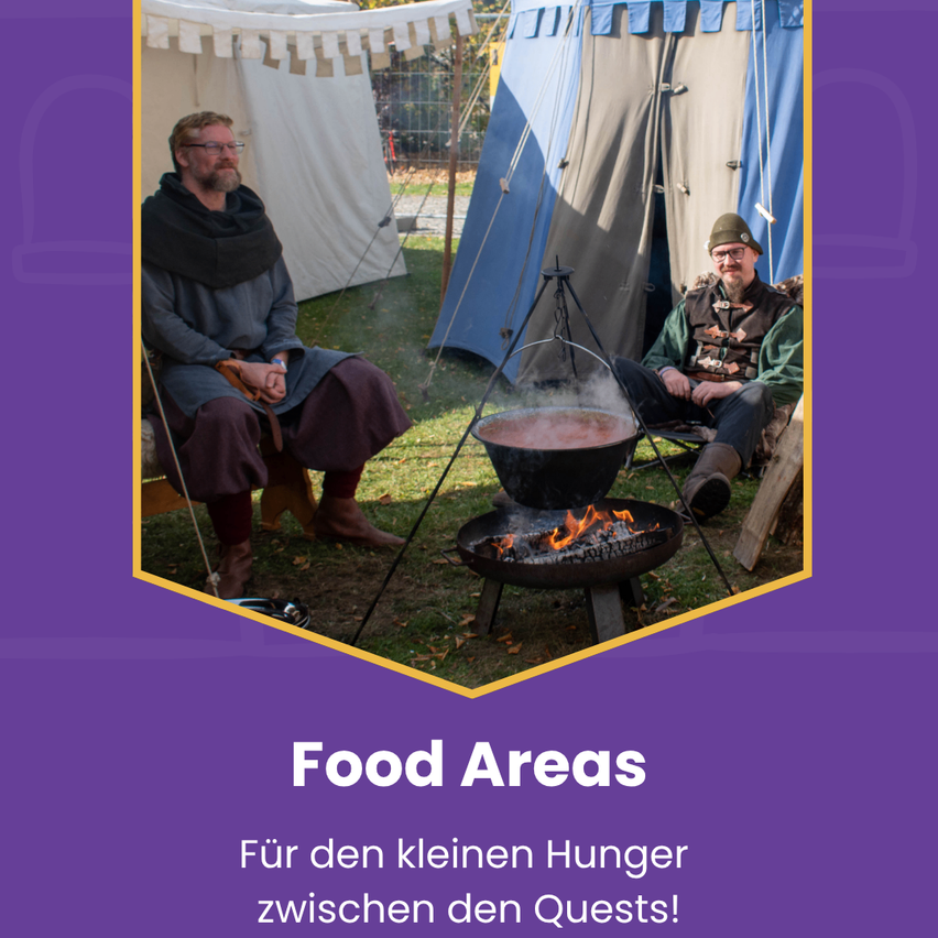 Zwei Männer in mittelalterlicher Kleidung, einer kocht über einem Feuer, der andere sitzt in der Nähe, mit Zelten im Hintergrund.