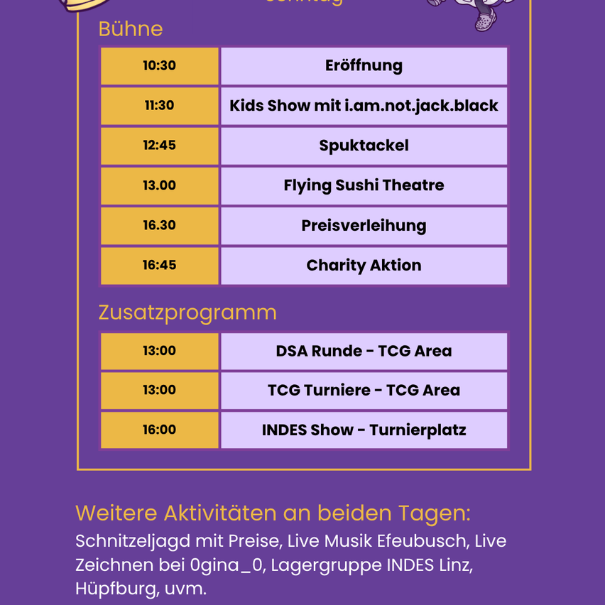 Ein Zeitplan für eine zweitägige Veranstaltung umfasst Eröffnung, Kindershow, fliegendes Sushi-Theater, Preisverleihung, Charity-Aktion und zusätzliche Aktivitäten.