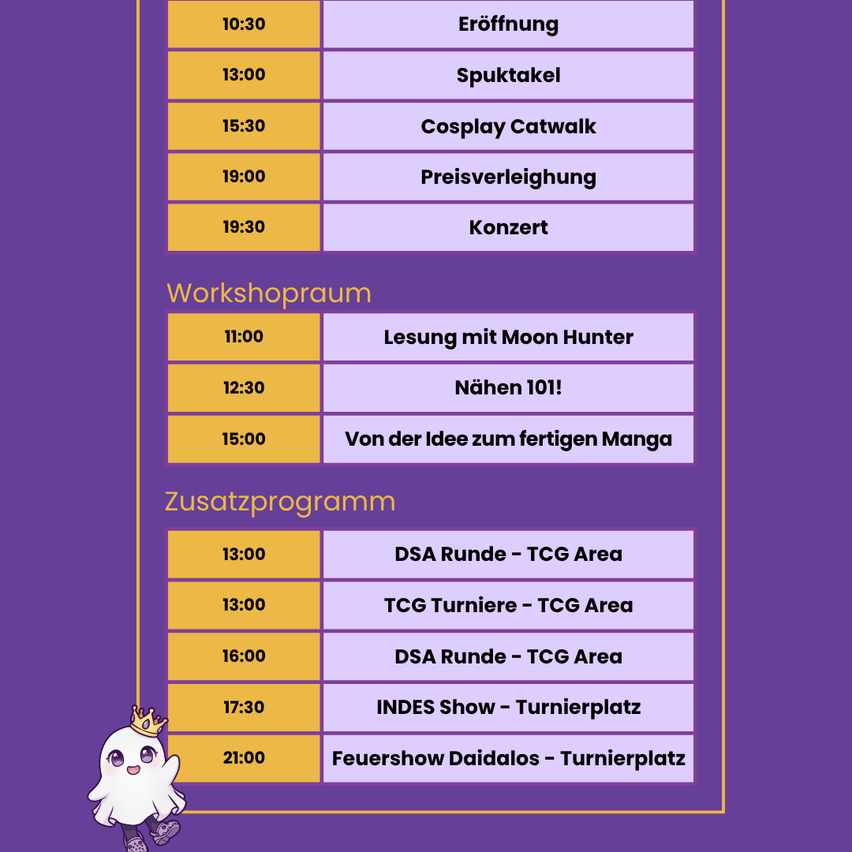 Ein Zeitplan mit verschiedenen Aktivitäten, einschließlich Eröffnung, Cosplay-Catwalk und Konzert. Workshops und zusätzliche Programme sind ebenfalls enthalten.