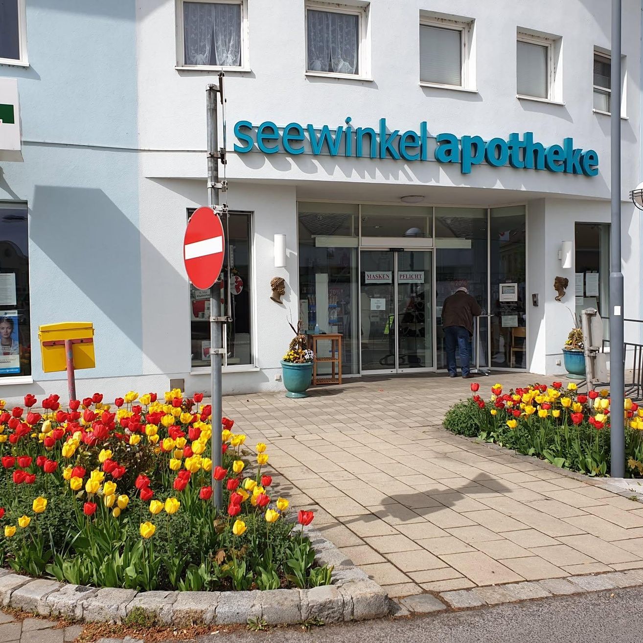 Ein weißes Gebäude mit blauer Beschilderung, die 'seewinkel apotheke' besagt, hat Glastüren und Fenster. Ein Mann steht am Eingang. Bunte Blumen stehen vor dem Gebäude.